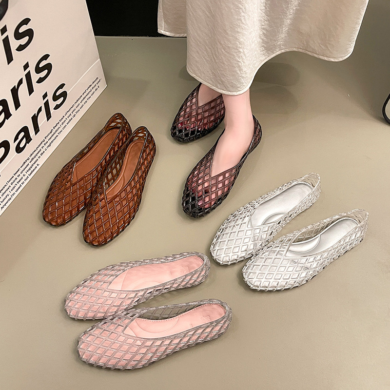 Crystal Mesh Fabric - صنادل نسائية صيفية مسطحة من الجيلي