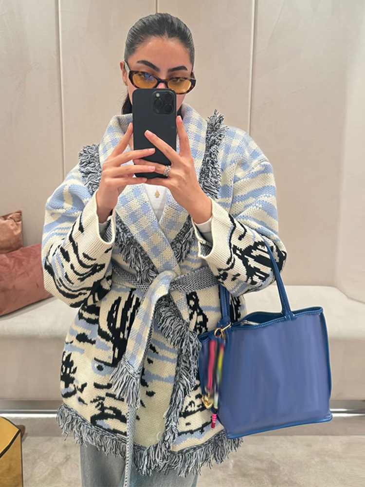 Tassel Fringe Trim - كارديجان نسائي مطبوع للخريف والشتاء 2026