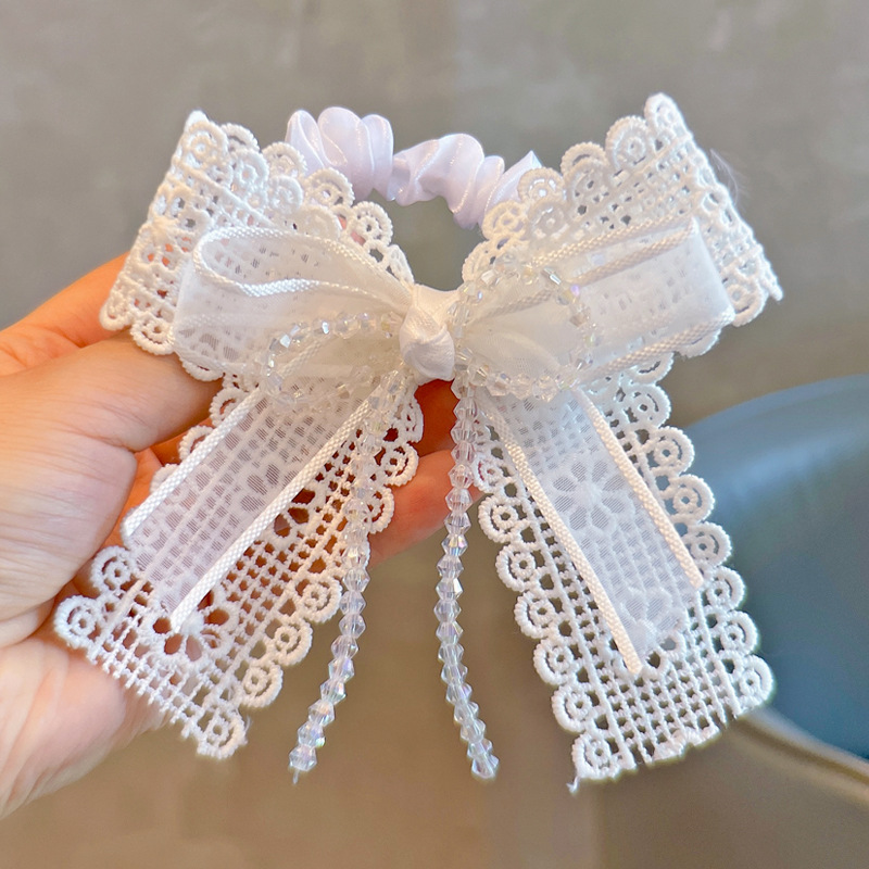 Tassel Fringe Trim - ربطات شعر مرنة بيضاء مع فيونكة