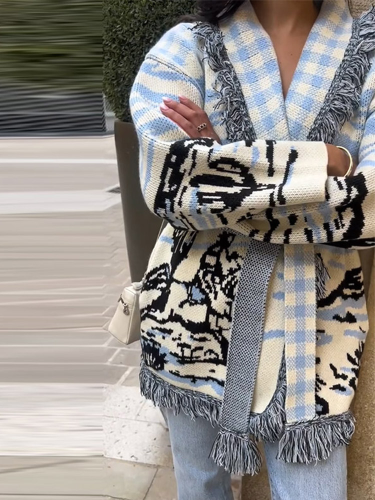 كارديجان نسائي مطبوع للخريف وا - مراجعة Tassel Fringe Trim وسعره